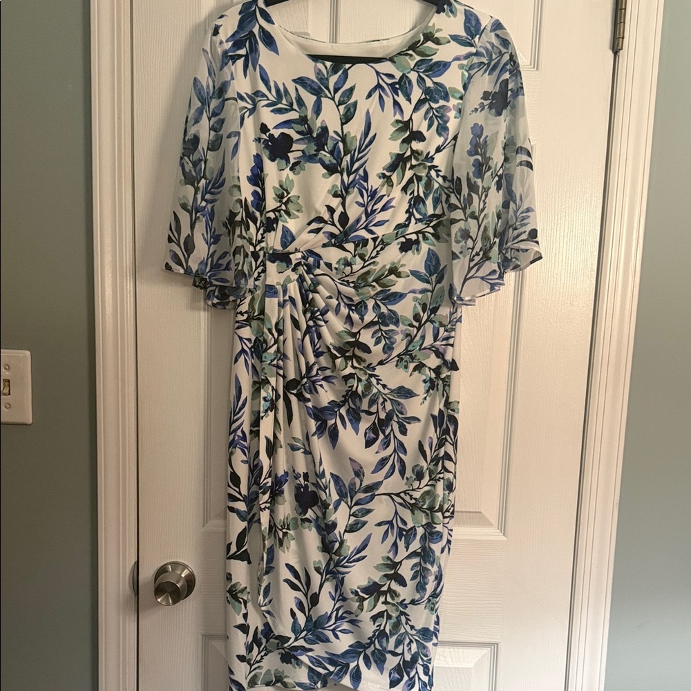 connected apparel White Midi Dress with Blue and Green Leaf Print